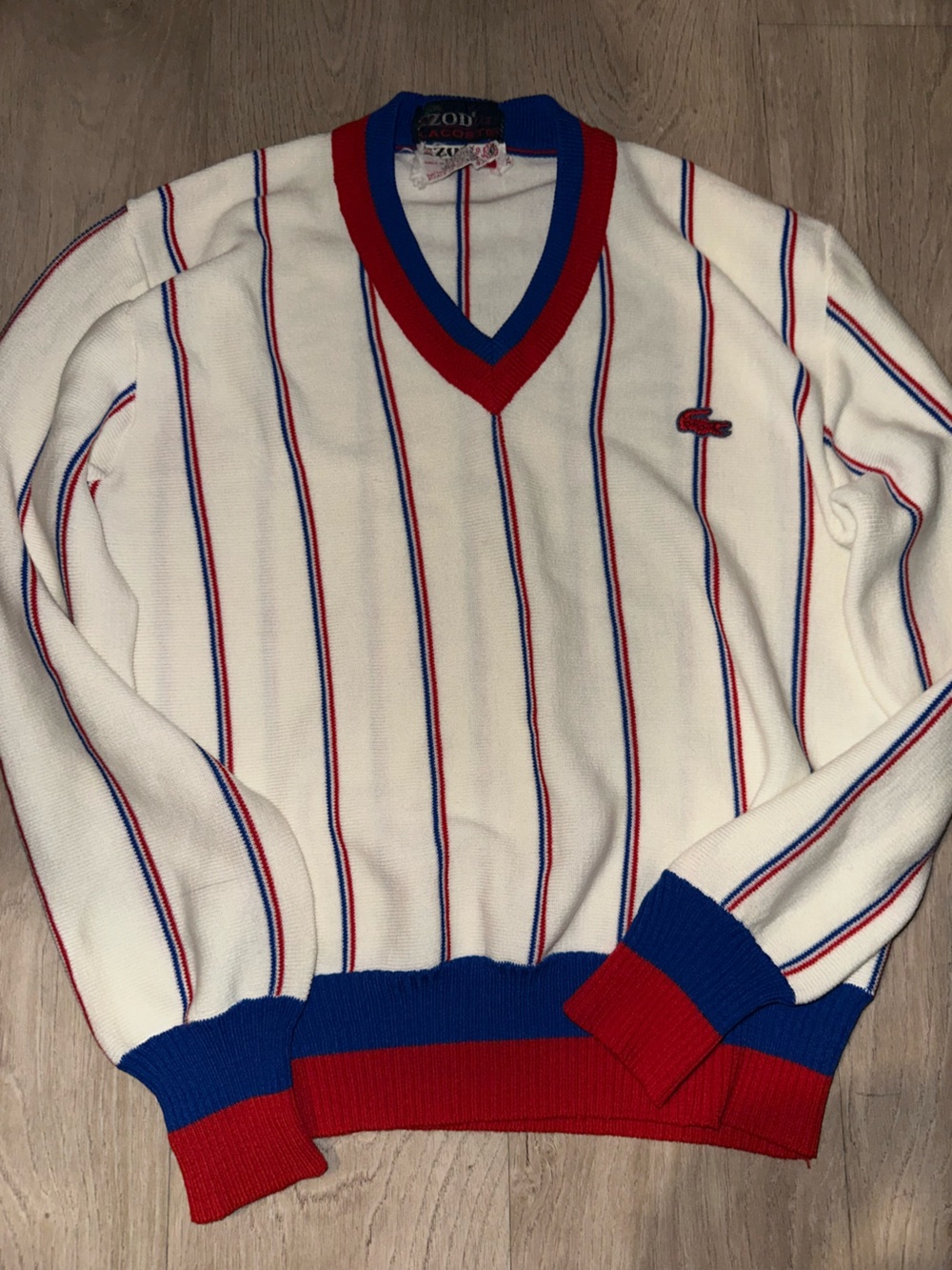 Lacoste White Sweater with Red & Blue Stripes